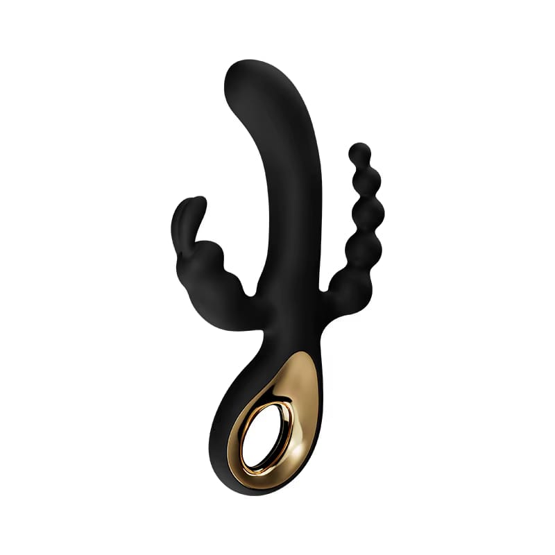 Vibrador triple negro con estimulador clitorial, vaginal y anal.