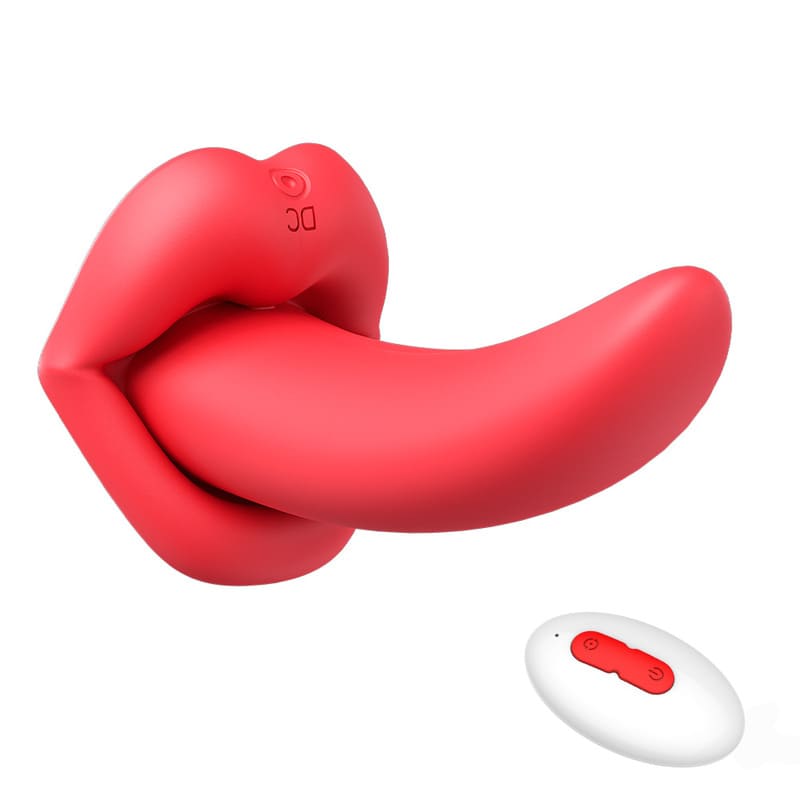Vibrador lengua roja con labios y control remoto.